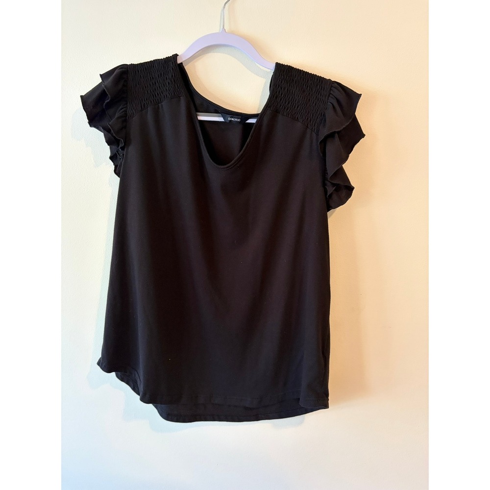Dokotoo Black Knit Ruffle Cap Sleeve Smocked Shoulder Scoop Neck Top L XL